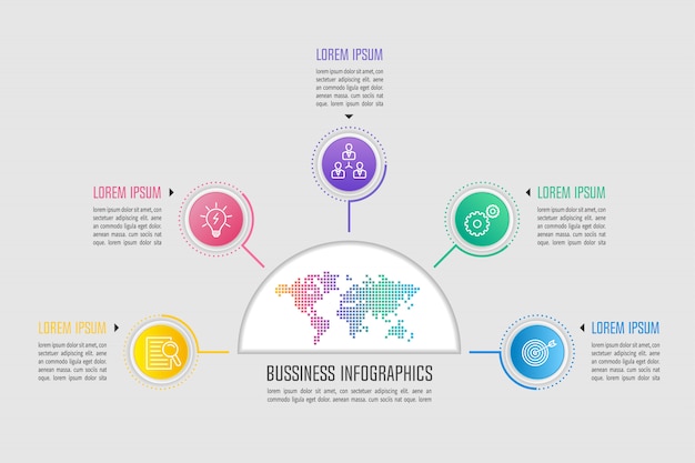 Diseño infográfico concepto de negocio con 5 opciones, partes o procesos.