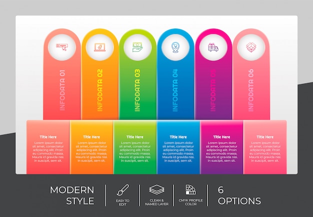 Diseño infográfico cuadrado de flujo de trabajo con 6 opciones y diseño moderno. La opción de infografía se puede utilizar para presentaciones, informes anuales y fines comerciales.
