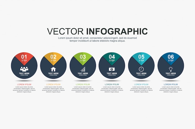 Diseño infográfico de elementos circulares con 6 opciones.