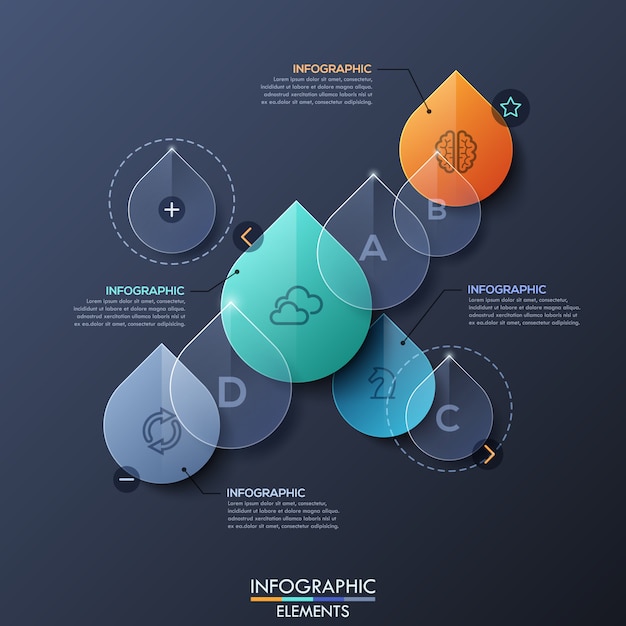 Diseño infográfico con gotas de agua transparentes.