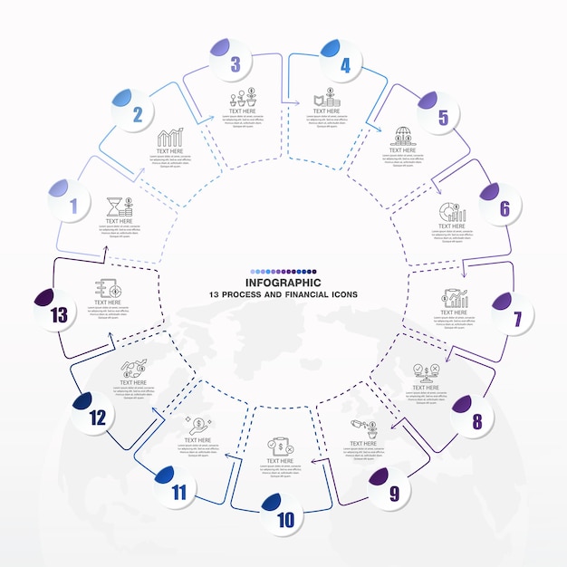 Diseño infográfico con iconos y 13 opciones o pasos concepto de negocio infográfico