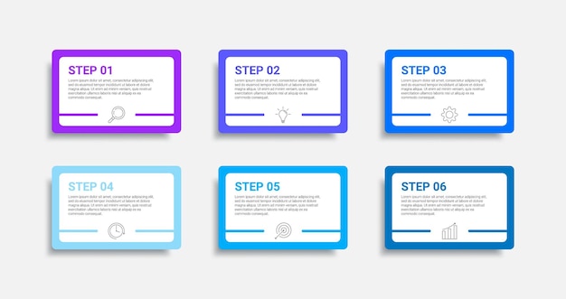 Diseño infográfico con iconos y 6 opciones o infografías de pasos para el concepto de negocio