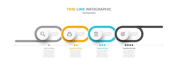 Diseño infográfico de línea de tiempo con 4 opciones o pasos.