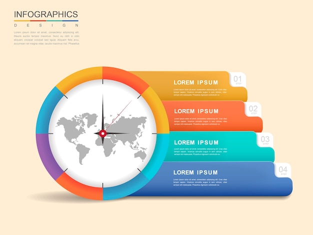 Diseño infográfico moderno con elementos de reloj y banner.