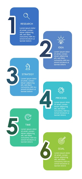 Vector diseño infográfico de negocios verticales con iconos y 6 opciones o pasos