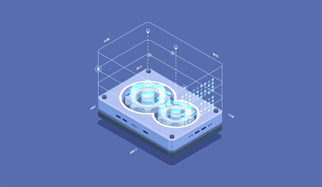 Diseño infográfico de tecnología para computadora cuántica concepto de servidor blockchain sala de servidores base de datos almacenamiento de información concepto de datos creativos