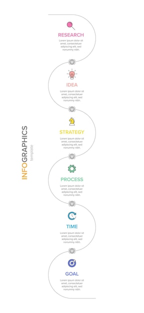 Diseño infográfico vertical con iconos y 6 opciones o pasos