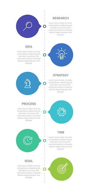 Diseño infográfico vertical con iconos y 6 opciones o pasos