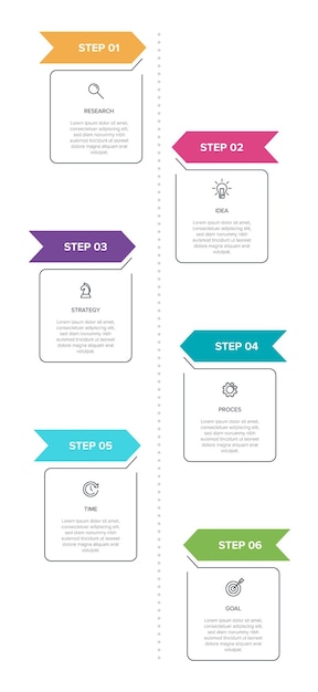 Diseño infográfico vertical con iconos y 6 opciones o pasos