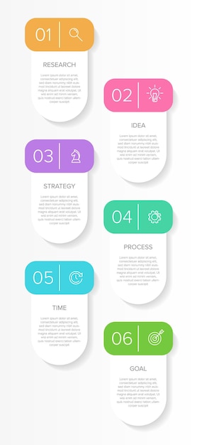 Diseño infográfico vertical con iconos y 6 opciones o pasos