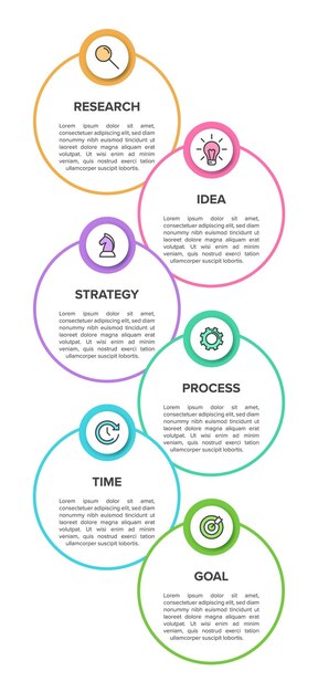 Diseño infográfico vertical con iconos y 6 opciones o pasos