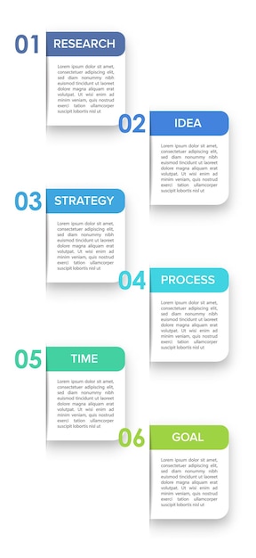Diseño infográfico vertical con iconos y 6 opciones o pasos