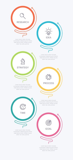 Diseño infográfico vertical con iconos y 6 opciones o pasos