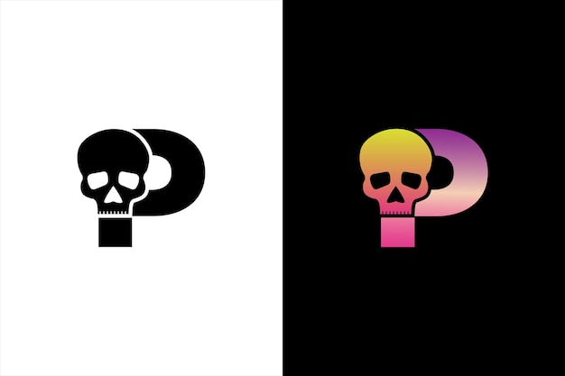 Diseño inicial del logotipo del cráneo P Diseño del logotipo o plantilla de icono de la letra P del cráneo