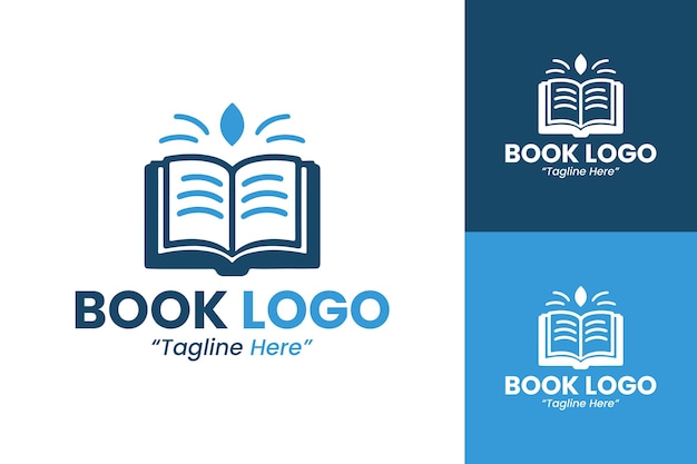 Diseño innovador del logotipo del libro con esquema de colores azul y blanco para la marca educativa