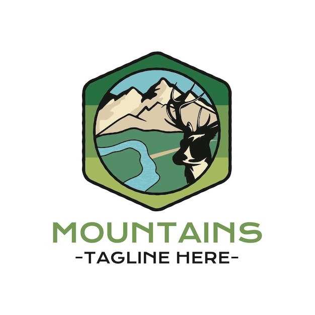 Diseño de insignia de aventura de montaña con montañas y renos viajes logo gráficos stock vector campin