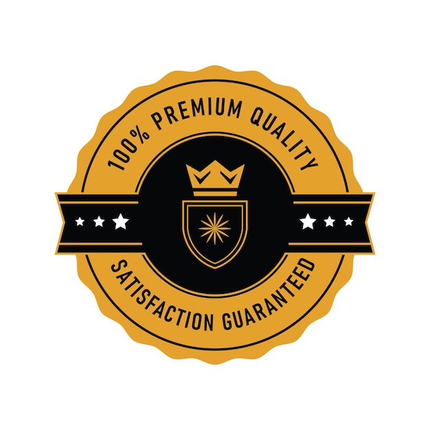 Diseño de insignia de calidad premium con una corona y un escudo en un fondo circular dorado para una satisfacción asegurada plantilla de logotipo de vector mínimo
