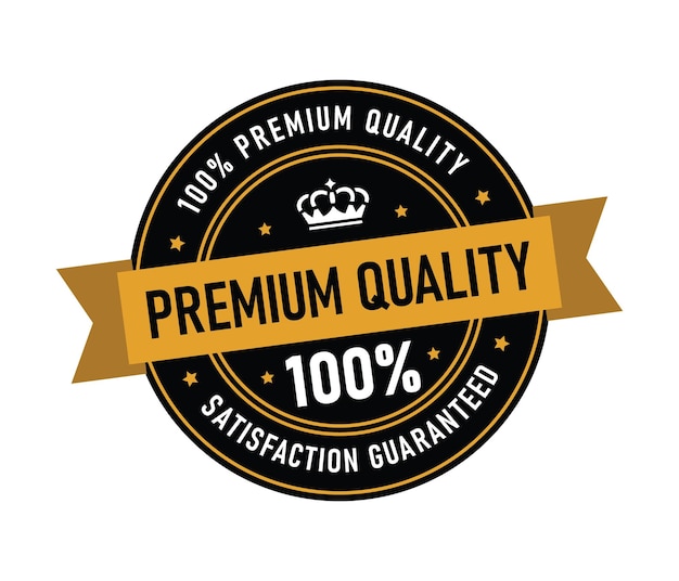Diseño de insignia de calidad premium con una corona y una garantía de satisfacción que muestra un sello distintivo de excelencia en marca y comercialización