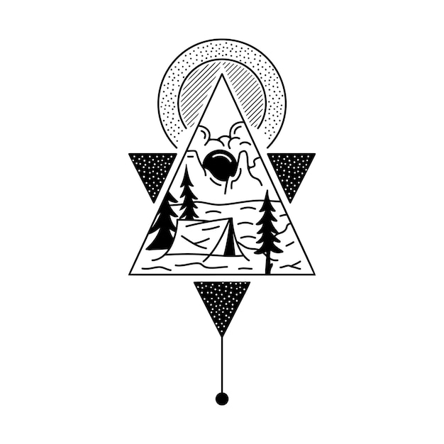 Diseño de insignia de camping. Logotipo de cresta de aventura al aire libre con escena de montañas. Etiqueta de silueta de viaje aislada. Geometría esotérica sagrada. Emblema de gráficos de tatuajes de valores.