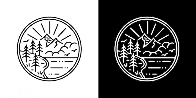 Diseño de insignia de montaña y árbol Monoline