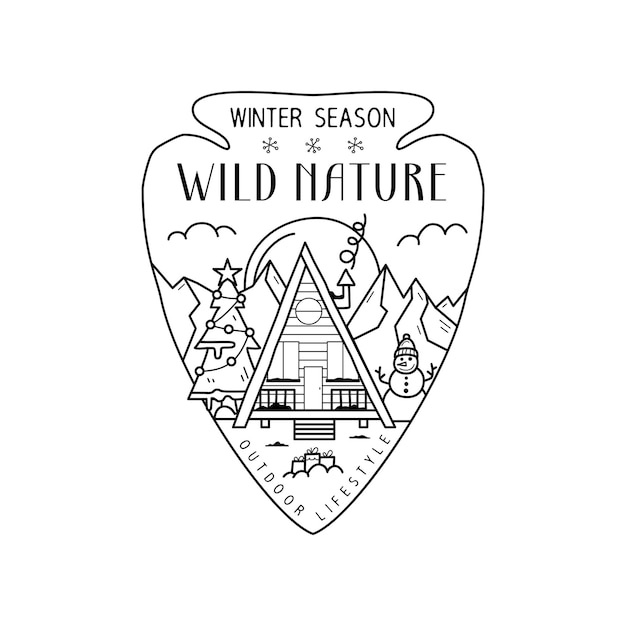 Diseño de insignia de navidad para acampar con cabaña forestal en estilo de arte de línea y cita temporada de invierno naturaleza salvaje gráficos de logotipo de viaje etiqueta de vector de stock