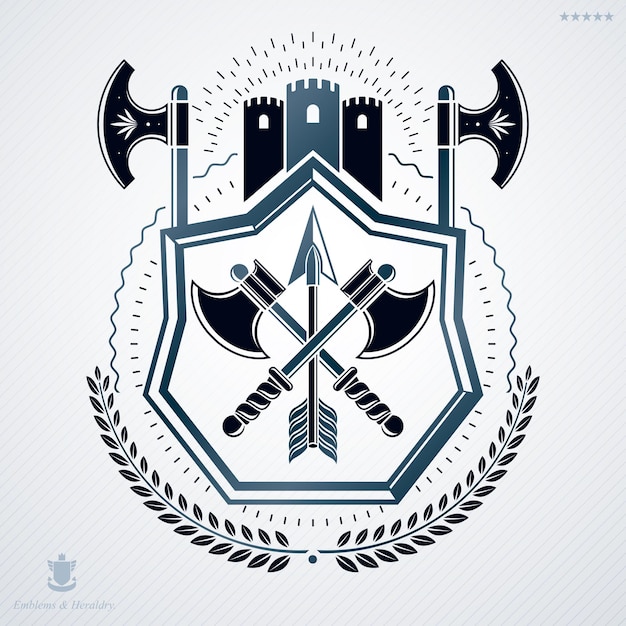 Diseño de insignia retro vectorial decorado con hojas de laurel y hecho con elementos antiguos como hachas cruzadas y hachas.