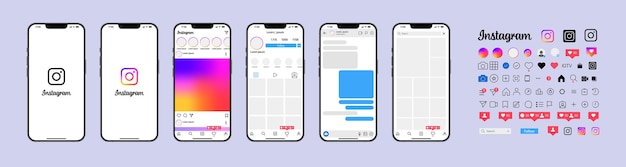 Vector diseño de instagram establecer pantalla de instagram redes sociales y plantilla de interfaz de red social marco de fotos de instagram historias que gustaron retroalimentación de transmisión perfil personal chat reels editorial vector