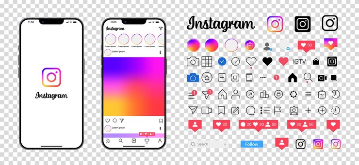 Vector diseño de instagram establezca la pantalla de instagram plantilla de interfaz de redes sociales y redes sociales marco de fotos de instagram historias gustado flujo fondo transparente editorial