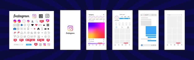 Vector diseño de instagram establezca la pantalla de las redes sociales y la plantilla de la interfaz de red marco de fotos historias gustado flujo de retroalimentación perfil personal chat reels alimentación tendencias recomendaciones editorial