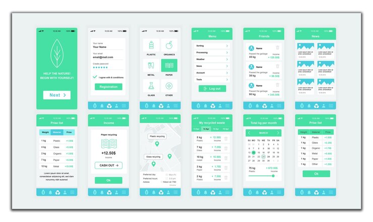 Vector diseño de interfaces de pantallas de interfaz de aplicaciones móviles y maquetas de experiencia de usuario