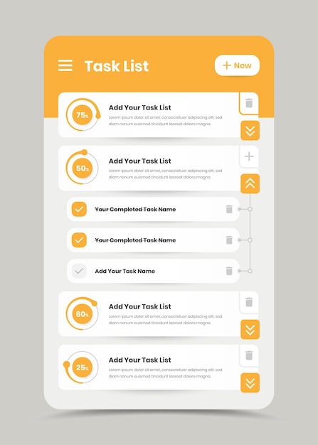 Vector diseño de interfaz de aplicación de lista de tareas minimalista con gráfico de progreso circular