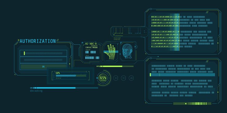 Vector diseño de una interfaz de software futurista para decodificación de datos con ventana de autorización ilustración vectorial