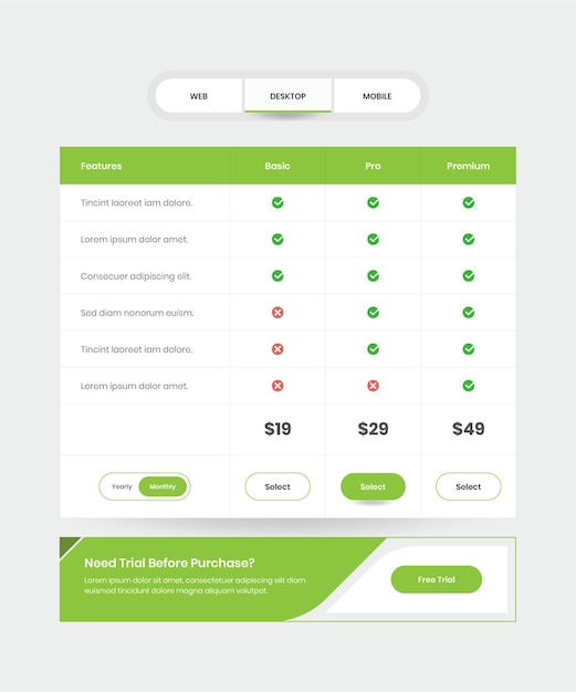 Vector diseño de interfaz de tabla de comparación de precios de suscripción web minimalista