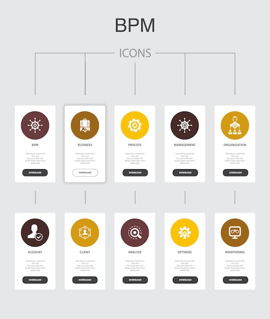 Diseño de interfaz de usuario de 10 pasos de infografía BPM.Negocios, procesos, gestión, organización iconos simples