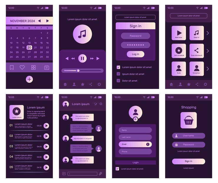Vector diseño de la interfaz de usuario de la aplicación icono de plantilla de aplicación de teléfono botón de menú kit de interfaz ux pantalla móvil chat de mensajería escucha música panel de calendario o de compras conjunto de elementos de tablero de la gui vectorial