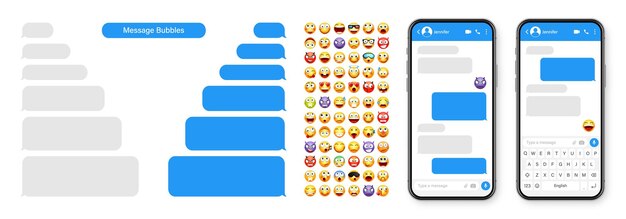 Vector diseño de la interfaz de usuario de la aplicación de mensajería de teléfonos inteligentes con emoji sms marco de texto pantalla de chat con azul