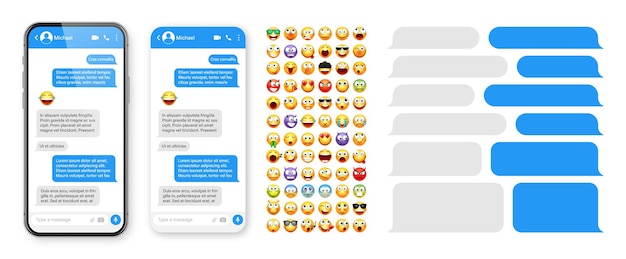 Vector diseño de la interfaz de usuario de la aplicación de mensajería de teléfonos inteligentes con emoji sms marco de texto pantalla de chat con azul