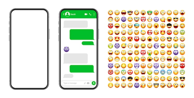 Vector diseño de la interfaz de usuario de la aplicación de mensajería de teléfonos inteligentes con emoji sms marco de texto pantalla de chat con verde