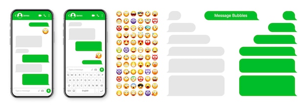 Diseño de la interfaz de usuario de la aplicación de mensajería de teléfonos inteligentes con emoji sms marco de texto pantalla de chat con verde