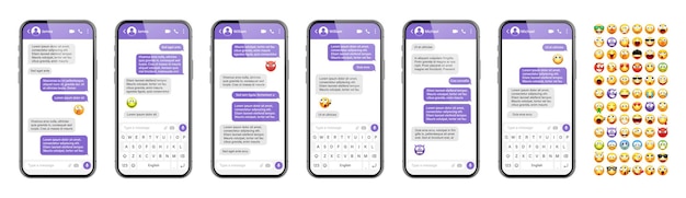 Vector diseño de la interfaz de usuario de la aplicación de mensajería de teléfonos inteligentes con emoji sms marco de texto pantalla de chat con violeta