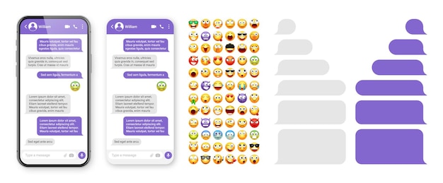 Diseño de la interfaz de usuario de la aplicación de mensajería de teléfonos inteligentes con emoji SMS marco de texto pantalla de chat con violeta