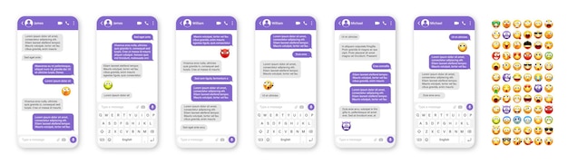 Diseño de la interfaz de usuario de la aplicación de mensajería de teléfonos inteligentes con emoji sms marco de texto pantalla de chat con violeta