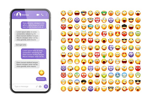 Vector diseño de la interfaz de usuario de la aplicación de mensajería de teléfonos inteligentes con emoji sms marco de texto pantalla de chat con violeta