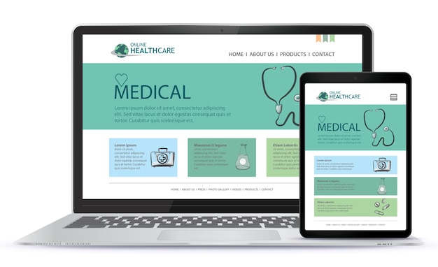 Vector diseño de interfaz de usuario de atención médica y médica para sitio web y aplicación móvil