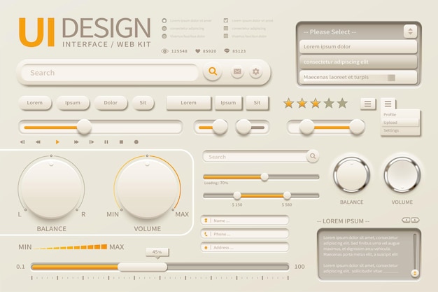 Diseño de interfaz de usuario elegante con diferentes botones en tono beige y amarillo cromado, ilustración 3d