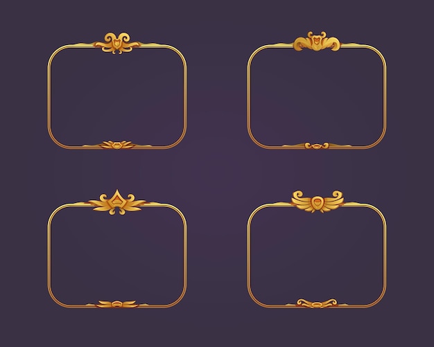 Diseño de la interfaz de usuario del juego con marcos dorados Conjunto de marcos vectoriales dorados plantilla de marco en estilo medieval antiguo Elementos heráldicos borde ornamental elegante conjunto aislado de dibujos animados vintage