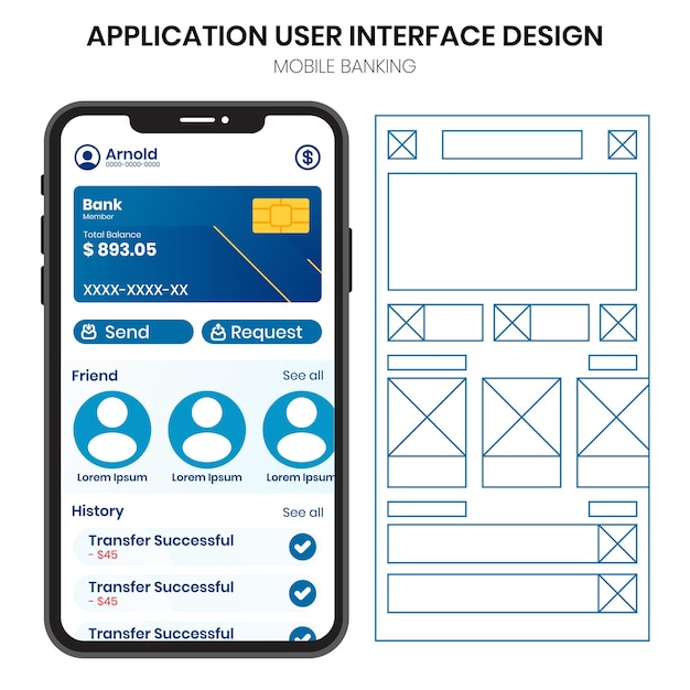 Vector diseño de interfaz de usuario móvil y estructura alámbrica de aplicaciones bancarias.