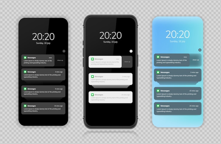 Vector diseño de interfaz de usuario de la pantalla de notificación plantilla de ventanas de notificación del teléfono en un teléfono inteligente de fondo oscuro