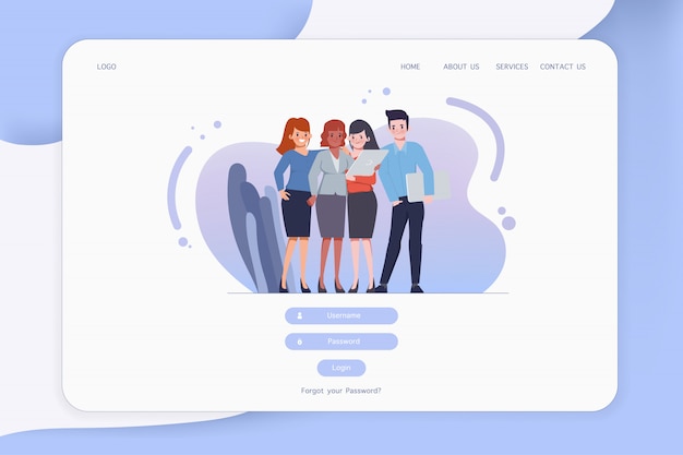 Diseño de interfaz de usuario de plantilla web para iniciar sesión en el sitio web. Personas de carácter de trabajo en equipo en empresa.