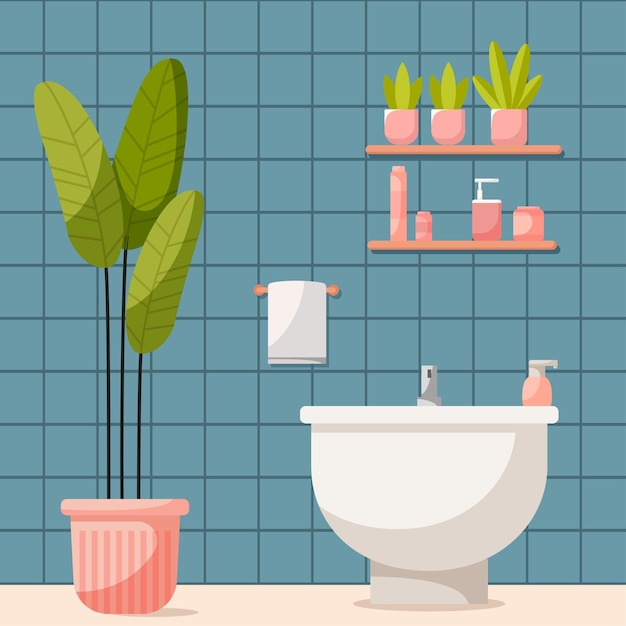 Diseño interior de baño con bañera moderna, toalla de baño y artículos de baño vector xa